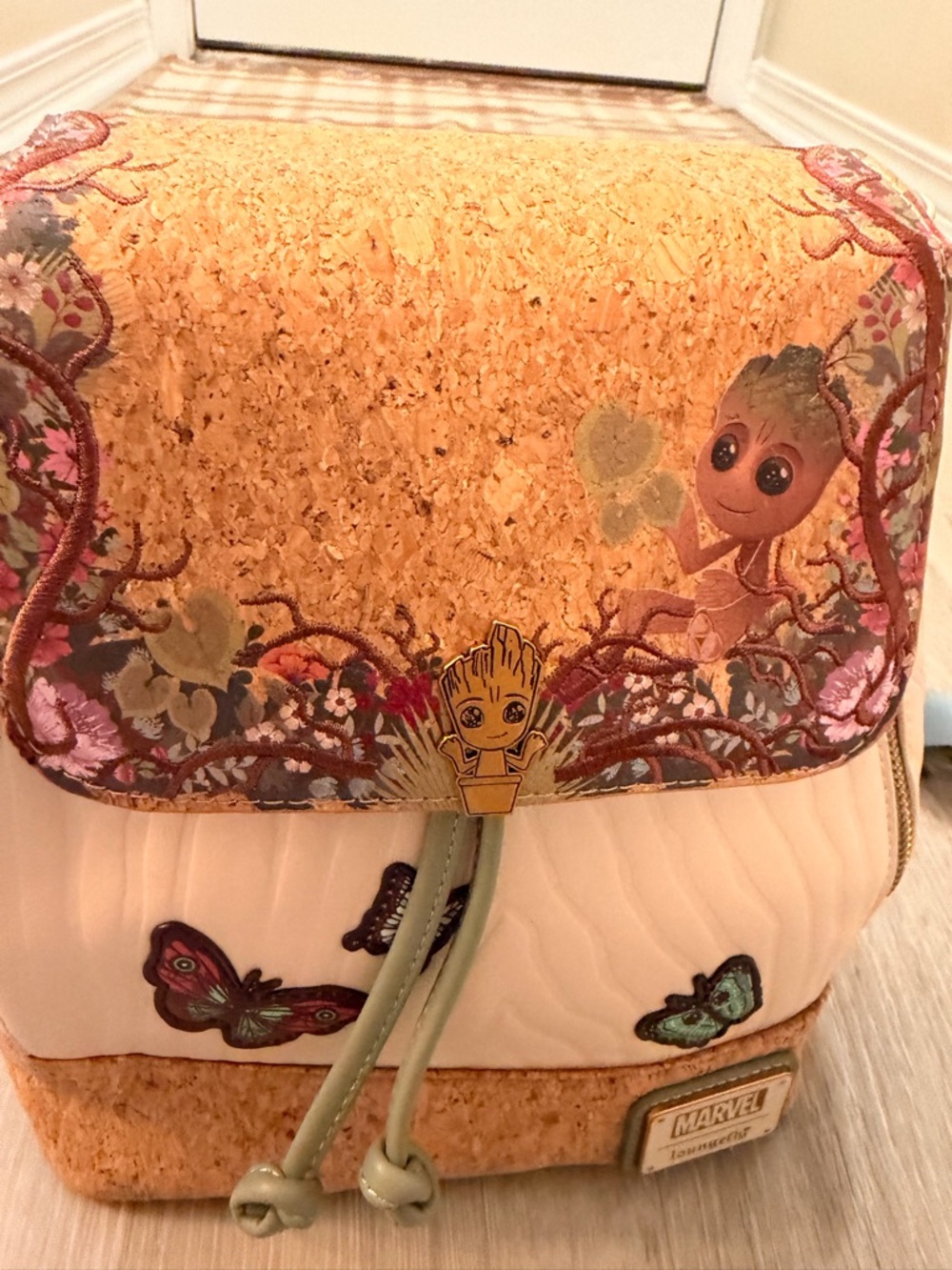 Loungefly Pink & Cork Mini Backpack with Green Butterfly Patch - Picture 3 of 9